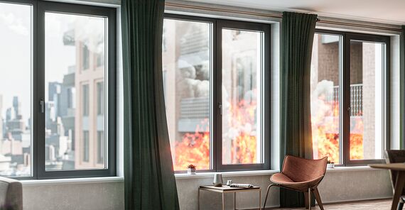 Windows with a fire outside